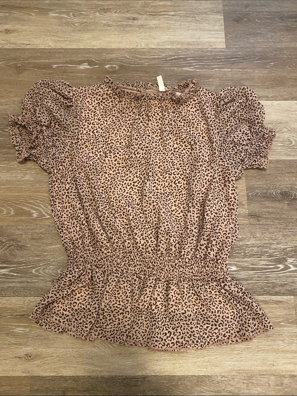 glam Blush Leopard Print Smocked Waist Puff Sleeve Top